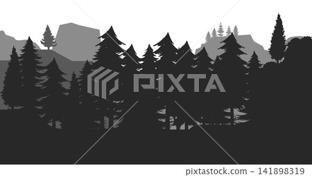 Pine trees silhouette in a forest. Spruce nature landscape. Evergreen coniferous vector. Seamless composition isolated on white background Pine trees silhouette in a forest. Spruce nature landscape. Evergreen coniferous vector. Seamless composition isolated on white background 141898319
