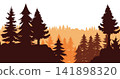 Pine trees silhouette in a forest. Mountains and ridge panorama silhouette background. Beautiful peak view illustration. 141898320