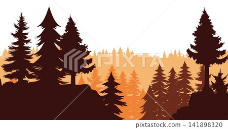 Pine trees silhouette in a forest. Mountains and ridge panorama silhouette background. Beautiful peak view illustration. Pine trees silhouette in a forest. Mountains and ridge panorama silhouette background. Beautiful peak view illustration. 141898320