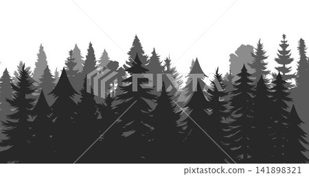 Pine trees silhouette in a forest. Spruce nature landscape. Evergreen coniferous vector. Seamless composition isolated on white background 141898321