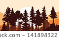 Pine trees silhouette in a forest. Mountains and ridge panorama silhouette background. Beautiful peak view illustration. 141898322