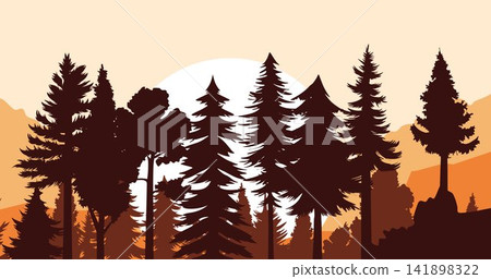 Pine trees silhouette in a forest. Mountains and ridge panorama silhouette background. Beautiful peak view illustration. Pine trees silhouette in a forest. Mountains and ridge panorama silhouette background. Beautiful peak view illustration. 141898322