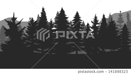 Pine trees silhouette in a forest. Spruce nature landscape. Evergreen coniferous vector. Seamless composition isolated on white background Pine trees silhouette in a forest. Spruce nature landscape. Evergreen coniferous vector. Seamless composition isolated on white background 141898323