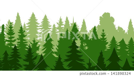 Pine trees silhouette in a forest. Spruce nature landscape. Evergreen coniferous vector. Seamless composition isolated on white background Pine trees silhouette in a forest. Spruce nature landscape. Evergreen coniferous vector. Seamless composition isolated on white background 141898324