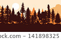 Pine trees silhouette in a forest. Mountains and ridge panorama silhouette background. Beautiful peak view illustration. 141898325