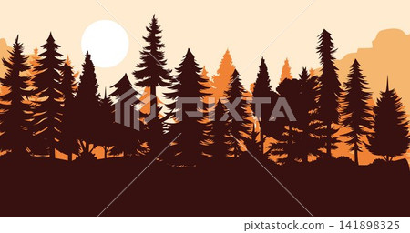 Pine trees silhouette in a forest. Mountains and ridge panorama silhouette background. Beautiful peak view illustration. Pine trees silhouette in a forest. Mountains and ridge panorama silhouette background. Beautiful peak view illustration. 141898325
