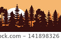 Pine trees silhouette in a forest. Mountains and ridge panorama silhouette background. Beautiful peak view illustration. 141898326