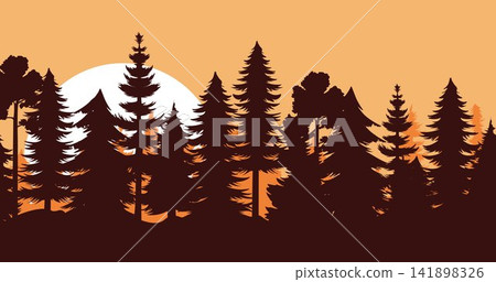Pine trees silhouette in a forest. Mountains and ridge panorama silhouette background. Beautiful peak view illustration. Pine trees silhouette in a forest. Mountains and ridge panorama silhouette background. Beautiful peak view illustration. 141898326