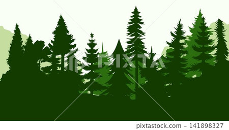 Pine trees silhouette in a forest. Spruce nature landscape. Evergreen coniferous vector. Seamless composition isolated on white background Pine trees silhouette in a forest. Spruce nature landscape. Evergreen coniferous vector. Seamless composition isolated on white background 141898327