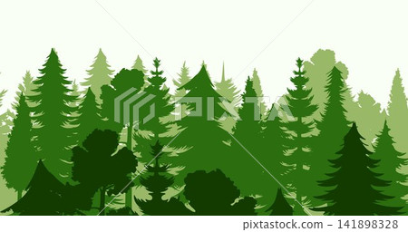 Pine trees silhouette in a forest. Spruce nature landscape. Evergreen coniferous vector. Seamless composition isolated on white background Pine trees silhouette in a forest. Spruce nature landscape. Evergreen coniferous vector. Seamless composition isolated on white background 141898328