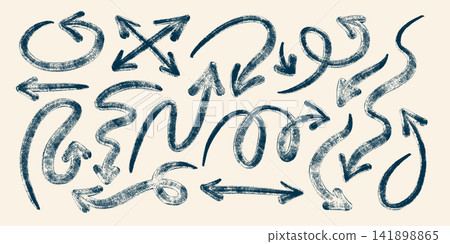 Arrow vector set in vintage comic style. Hand drawn icon shape with brush texture and sketchy doodle line art. Ideal for web graphic design. Perfect for handwritten poster or scribble background. 141898865