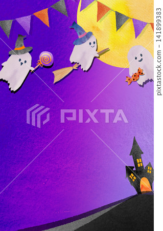 A hand-drawn Halloween ghost illustration with a full moon and a purple castle background. A hand-drawn Halloween ghost illustration with a full moon and a purple castle background. 141899383