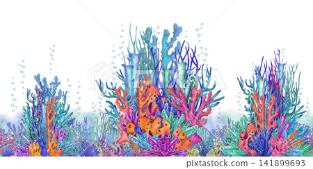 Seamless watercolor coral reef border with vibrant tropical corals and underwater plants. Hand painted horizontal sea design for banners, invitations, stationery, backgrounds, packaging, summer decor Seamless watercolor coral reef border with vibrant tropical corals and underwater plants. Hand painted horizontal sea design for banners, invitations, stationery, backgrounds, packaging, summer decor 141899693
