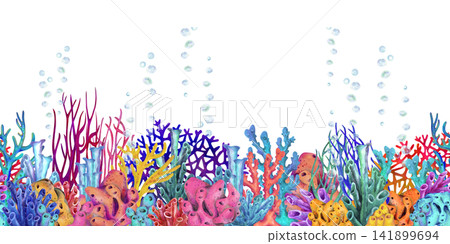 Seamless watercolor coral reef border with vibrant tropical corals and underwater plants. Hand painted horizontal sea design for banners, invitations, stationery, backgrounds, packaging, summer decor Seamless watercolor coral reef border with vibrant tropical corals and underwater plants. Hand painted horizontal sea design for banners, invitations, stationery, backgrounds, packaging, summer decor 141899694