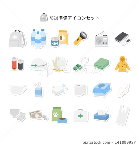 一套災難防備用品和緊急包的貼紙式插圖，包括疏散準備貼紙和平面圖示素材。 141899957