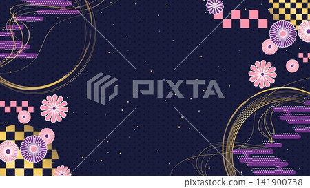 Japanese-style decorative background featuring hemp leaf and checkered patterns. Japanese-style decorative background featuring hemp leaf and checkered patterns. 141900738