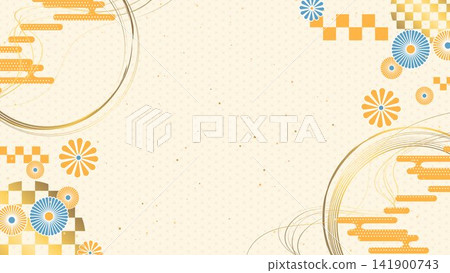 Japanese-style decorative background featuring hemp leaf and checkered patterns. Japanese-style decorative background featuring hemp leaf and checkered patterns. 141900743