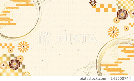 Japanese-style decorative background featuring hemp leaf and checkered patterns. Japanese-style decorative background featuring hemp leaf and checkered patterns. 141900744