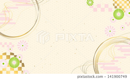 Japanese-style decorative background featuring hemp leaf and checkered patterns. Japanese-style decorative background featuring hemp leaf and checkered patterns. 141900749