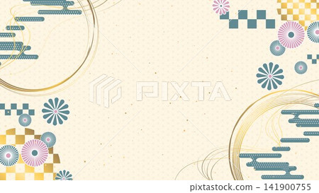 Japanese-style decorative background featuring hemp leaf and checkered patterns. Japanese-style decorative background featuring hemp leaf and checkered patterns. 141900755