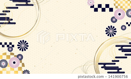 Japanese-style decorative background featuring hemp leaf and checkered patterns. Japanese-style decorative background featuring hemp leaf and checkered patterns. 141900756