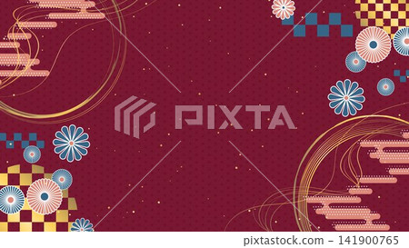 Japanese-style decorative background featuring hemp leaf and checkered patterns. Japanese-style decorative background featuring hemp leaf and checkered patterns. 141900765