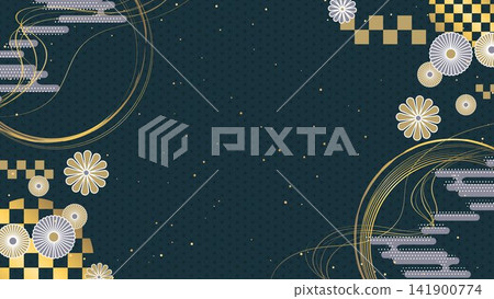 Japanese-style decorative background featuring hemp leaf and checkered patterns. Japanese-style decorative background featuring hemp leaf and checkered patterns. 141900774