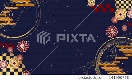 Japanese-style decorative background featuring hemp leaf and checkered patterns. Japanese-style decorative background featuring hemp leaf and checkered patterns. 141900778