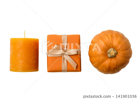 Arrangement of orange candle, present, and pumpkin creates festive scene, PNG Arrangement of orange candle, present, and pumpkin creates festive scene, PNG 141901036