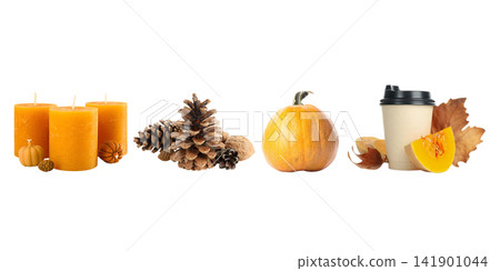 Candles and pumpkins arranged with pinecones and leaves evoke seasonal charm, PNG Candles and pumpkins arranged with pinecones and leaves evoke seasonal charm, PNG 141901044