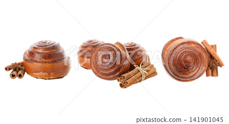 Delicious cinnamon rolls surrounded by cinnamon sticks offer a warm treat, PNG 141901045