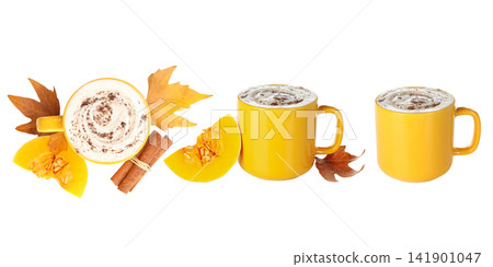 Two mugs filled with creamy spiced beverage sit among vibrant autumn leaves, PNG Two mugs filled with creamy spiced beverage sit among vibrant autumn leaves, PNG 141901047