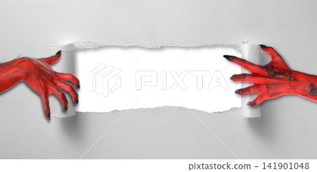 Hands with red paint tear paper to uncover blank canvas, PNG Hands with red paint tear paper to uncover blank canvas, PNG 141901048