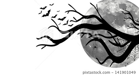 Bats flutter against a glowing full moon amidst bare branches, PNG Bats flutter against a glowing full moon amidst bare branches, PNG 141901049