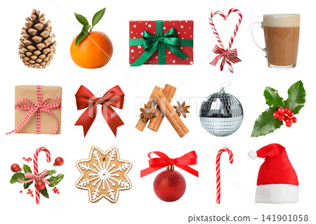 Christmas set. Festive decorations and treats symbolize celebration for New Year 2027, PNG Christmas set. Festive decorations and treats symbolize celebration for New Year 2027, PNG 141901058