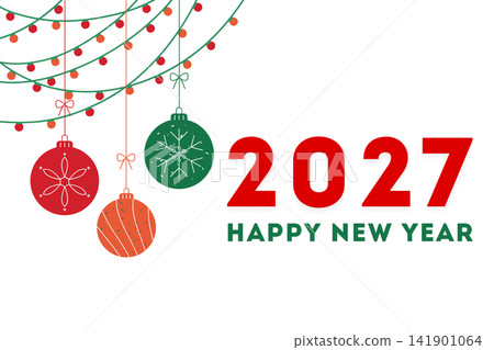 Happy New Year 2027. Bright ornaments hang cheerfully in celebration of New Year 2027, PNG Happy New Year 2027. Bright ornaments hang cheerfully in celebration of New Year 2027, PNG 141901064
