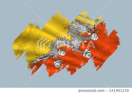 Bhutan flag is depicted with brushstrokes and features textured design elements. Bhutan flag is depicted with brushstrokes and features textured design elements. 141901230