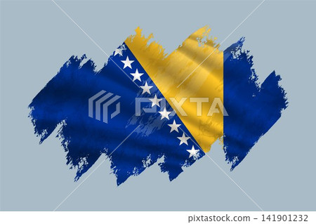 Bosnia and Herzegovina flag is depicted with brushstrokes and features textured design elements. 141901232
