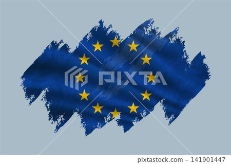 European Union flag is depicted with brushstrokes and features textured design elements. European Union flag is depicted with brushstrokes and features textured design elements. 141901447