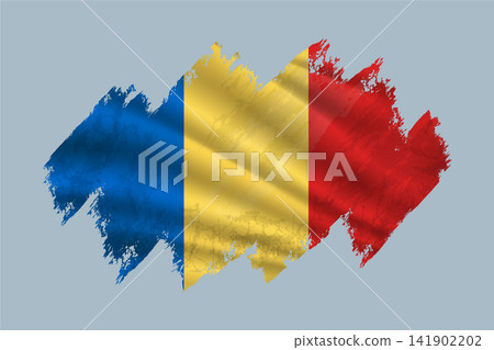 Romania flag is depicted with brushstrokes and features textured design elements. Romania flag is depicted with brushstrokes and features textured design elements. 141902202