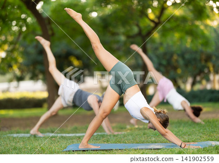 Young woman performing Three Legged Downward Facing Dog Pose in park Young woman performing Three Legged Downward Facing Dog Pose in park 141902559