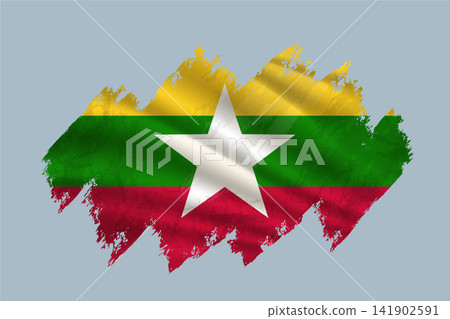 Myanmar flag is depicted with brushstrokes and features textured design elements. Myanmar flag is depicted with brushstrokes and features textured design elements. 141902591
