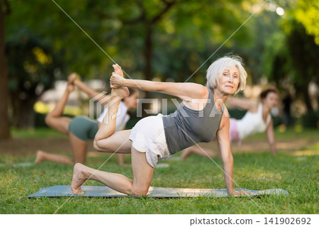 Elderly woman practicing Vyaghrasana in green park during group training Elderly woman practicing Vyaghrasana in green park during group training 141902692