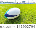 A rugby ball placed on the grass of the court. 141902794