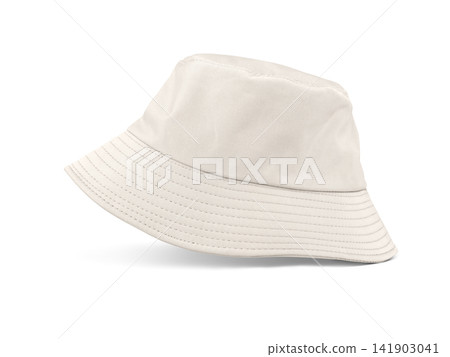 A beautiful, simple white bucket hat sits stylishly on a white floor. A beautiful, simple white bucket hat sits stylishly on a white floor. 141903041