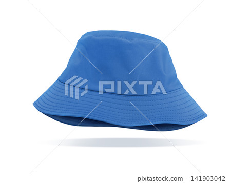 A stylish, simple blue bucket hat sits elegantly on a white background. A stylish, simple blue bucket hat sits elegantly on a white background. 141903042