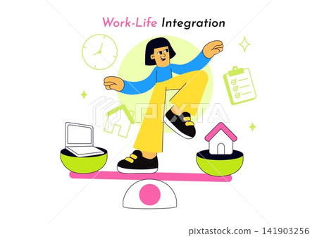Work Life Integration Vector Illustration Featuring Balanced Professional Duties, Home Activities, Productivity, And Personal Wellbeing Work Life Integration Vector Illustration Featuring Balanced Professional Duties, Home Activities, Productivity, And Personal Wellbeing 141903256