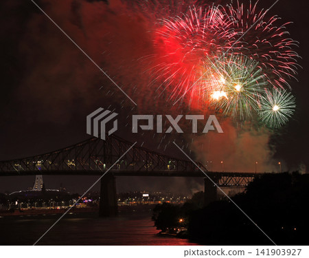 Fireworks over Jaques Cartier Bridge in Montreal, Canada 141903927
