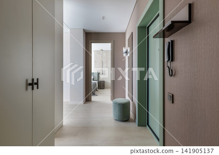 Modern Apartment Hallway Interior with View into Bedroom Modern Apartment Hallway Interior with View into Bedroom 141905137