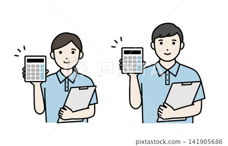 身穿polo衫、手持計算機的工作人員 身穿polo衫、手持計算機的工作人員 141905686